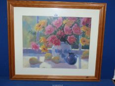 A framed and mounted Print depicting still life of flowers and fruit on a windowsill,