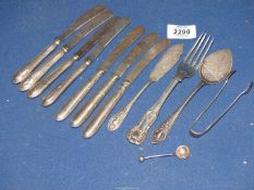 A quantity of Sheffield silver cutlery including; butter knives, jam spoon, sugar tongs, salt spoon,
