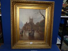 A large gilt framed Oil on canvas of a Village with figures walking down a street,