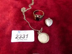 A silver ring, heart shaped locket and a silver Virgo pendant on chain.
