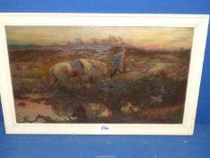 A framed Oil on canvas depicting a gentleman leading his horse across moorland at dusk,