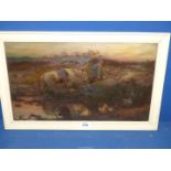 A framed Oil on canvas depicting a gentleman leading his horse across moorland at dusk,