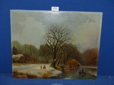 An unframed Oil on panel depicting a winter landscape with figures in the snow and on the ice,