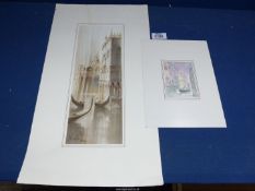 A small mounted Venetian Watercolour along with another painted on fabric, both indistinctly signed.