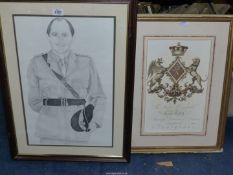 A framed and mounted pencil drawing of a military officer, no visible signature,