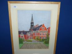 A framed and mounted coloured pastel over watercolour depicting a red brick building with steeple,