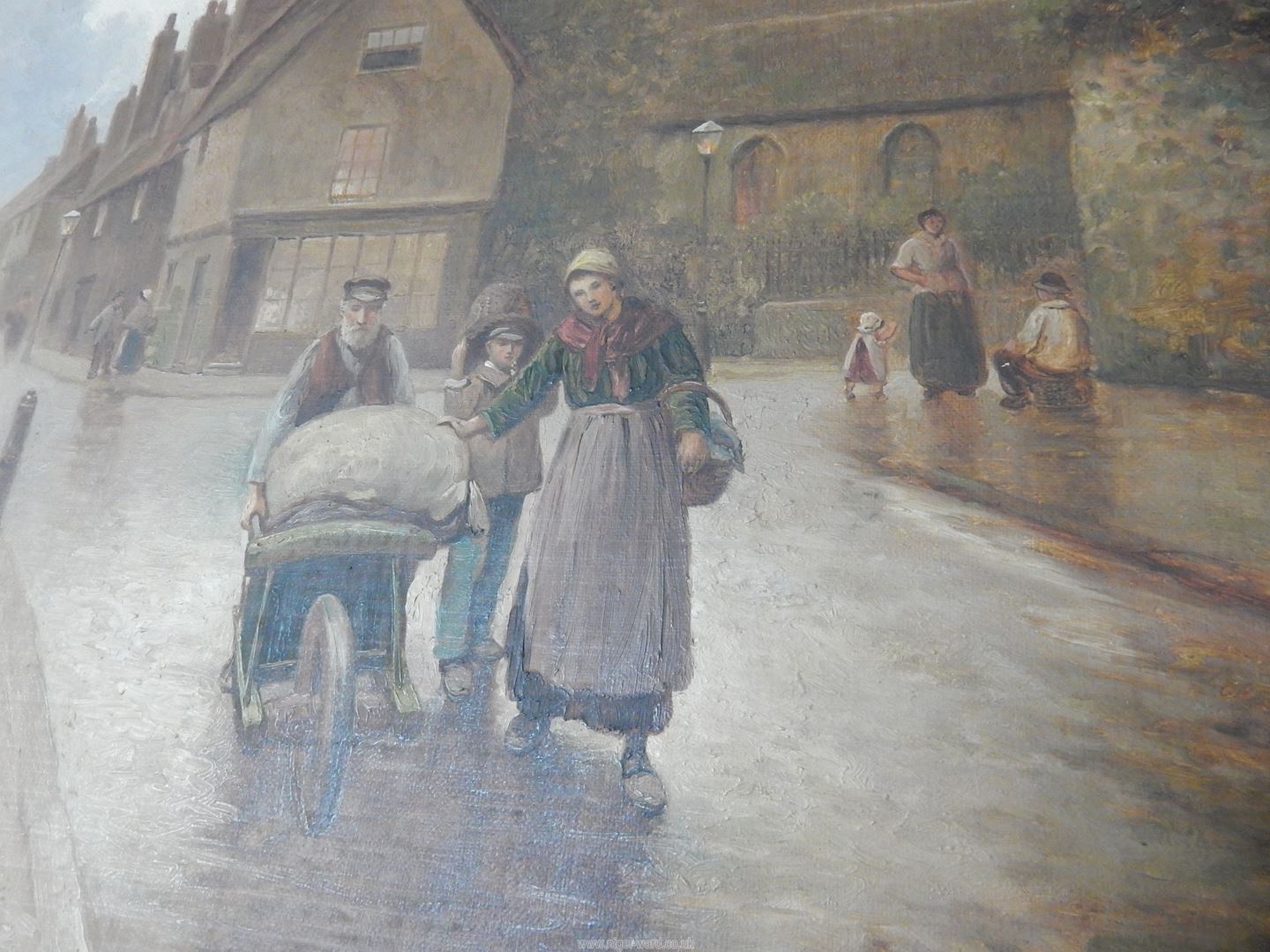 A large gilt framed Oil on canvas of a Village with figures walking down a street, - Image 7 of 7