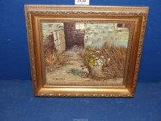A small Oil on Canvas depicting a Barn with stable door open and wild foliage growing around the