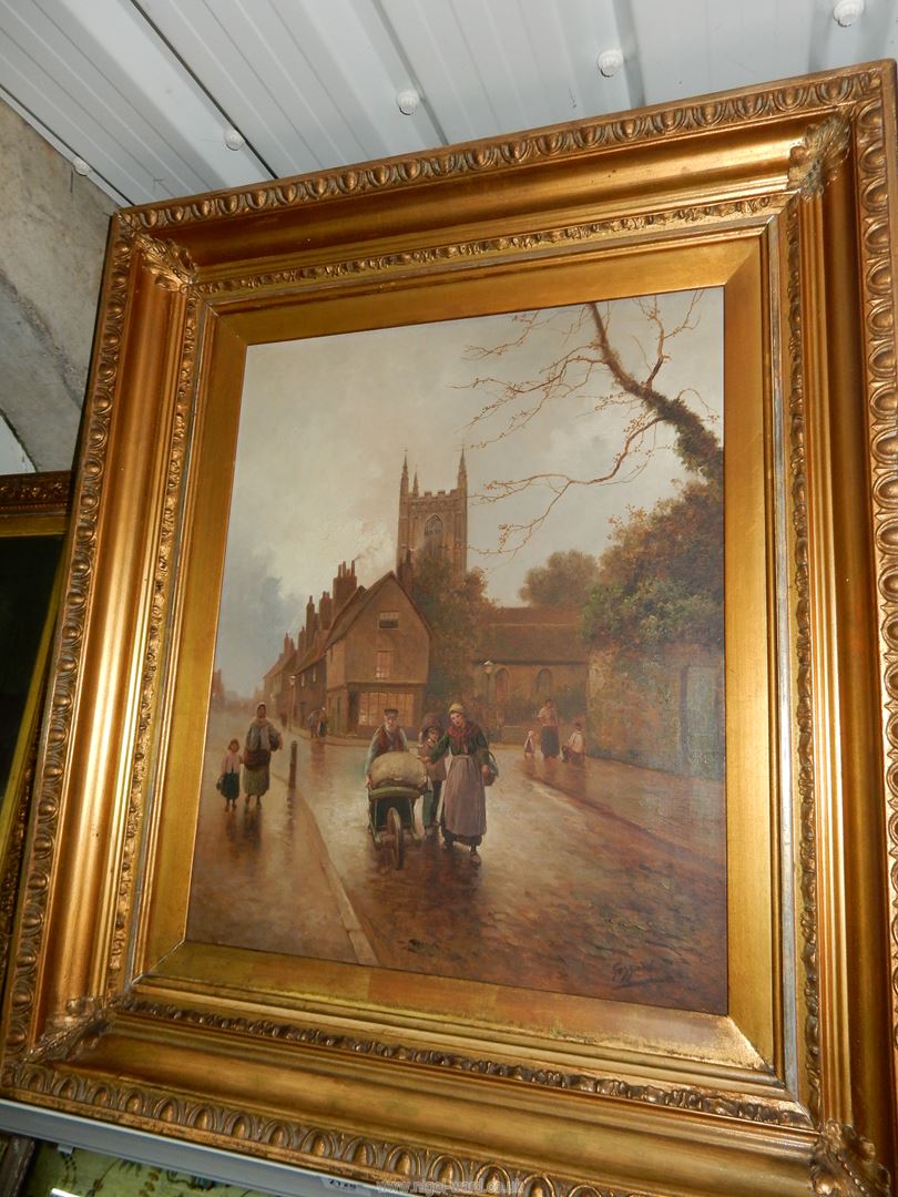 A large gilt framed Oil on canvas of a Village with figures walking down a street, - Image 3 of 7