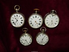 Five Silver cased gentleman's Pocket Watches with Roman numerals,