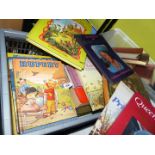 A crate of books including 'Royalty on Horseback', fairy tales, Rupert books etc.