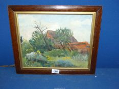 A signed Owen Bowen Oil on board painting of a house and garden.