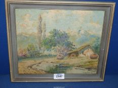A framed oil on board possibly of Greece, indistinctly signed lower right, 13 ½" x 11 ½".