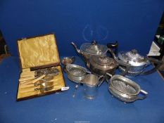 A quantity of plated items including; teapots, sucriers, mug,