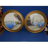 A pair of circular framed Watercolours depicting Arabian river scenes, no visible signature.