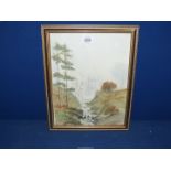 A framed Watercolour depicting a river valley with steep hills on either side, no visible signature.