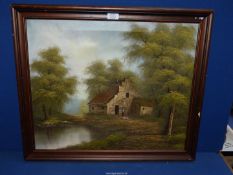 A wooden framed Oil on canvas depicting a homestead by a pond with chickens,