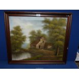 A wooden framed Oil on canvas depicting a homestead by a pond with chickens,