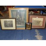 Three framed photographs, one of a gentleman with a horse plough and trophy,