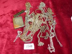 A quantity of yellow and white metal chains including; fob chains, necklaces etc,