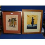 Two African pictures, Watercolour by Bob Stonell and a fabric Print.