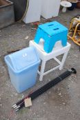 Drain rods, waste bin and two stools.