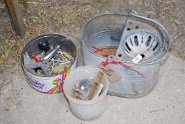 Galvanised mop bucket, screws, steering knob etc.