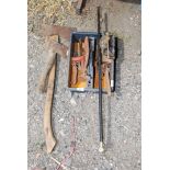 Two axes, carpenters vice, Stilsons, walking cane etc.