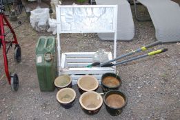 Six glazed pots, some a/f, edging shears, Jerry can, wooden planter etc.