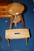 A wooden adjustable stool and a wooden footstool.