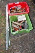 Two boxes of builders tools, hammers, saws, plumbing kit etc.