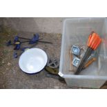 Salters scales, enamel bowl, hand saws. trailer-bed tie-down hooks, Irwin quickgrips clamps, etc.