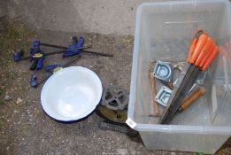 Salters scales, enamel bowl, hand saws. trailer-bed tie-down hooks, Irwin quickgrips clamps, etc.