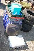 Eight plastic crates, large and small, fire guard and Aluminium case.