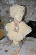 A concrete bust of a classical lady, 22 3/4" high, approx.