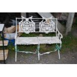 A painted Aluminium two seater bench, 36'' wide x 34'' high overall, (detached support stays).