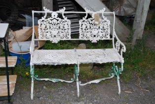 A painted Aluminium two seater bench, 36'' wide x 34'' high overall, (detached support stays).