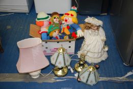 Three table lamps and a quantity of knitted soft toys and a costume Lady Helena doll
