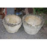 Two concrete planters, one @ 14 1/2" x 9'' high and one @ 12'' x 9'' high.