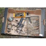 A box of 3'' vice, small wood plane, wood engraving chisels etc.