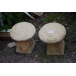 Two miniature concrete staddle stones 11" high, 9" diameter, approx.