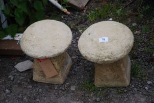 Two miniature concrete staddle stones 11" high, 9" diameter, approx.