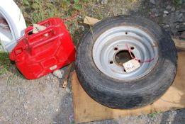 Ifor Williams wheel and tyre (tyre damaged) plus 10 litre fuel can.
