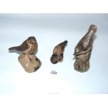 Three Poole Pottery birds including Robin on a flowerpot,(chip to beak) Tree creeper and Wren.