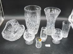 A quantity of cut and etched glass to include; two cut glass vases (9 1/2" and 10" tall),