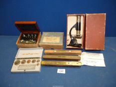 A students Microscope, two sets of weights and three spirit levels.
