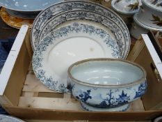 A small quantity of blue and white china including a set of two graduated meat plates 'Oagmore', J.