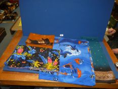 A quantity of scarves inlcuding exotic birds in blue, green and yellow, fish and whale designs, etc.