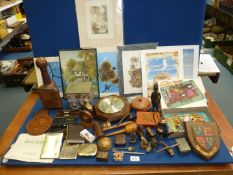 A box of vintage collectables including treen, cigarette cases, trinket boxes etc.