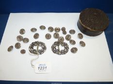 A pair of cut steel shoe buckles and twenty-two buttons in an early Frenel advertising box.